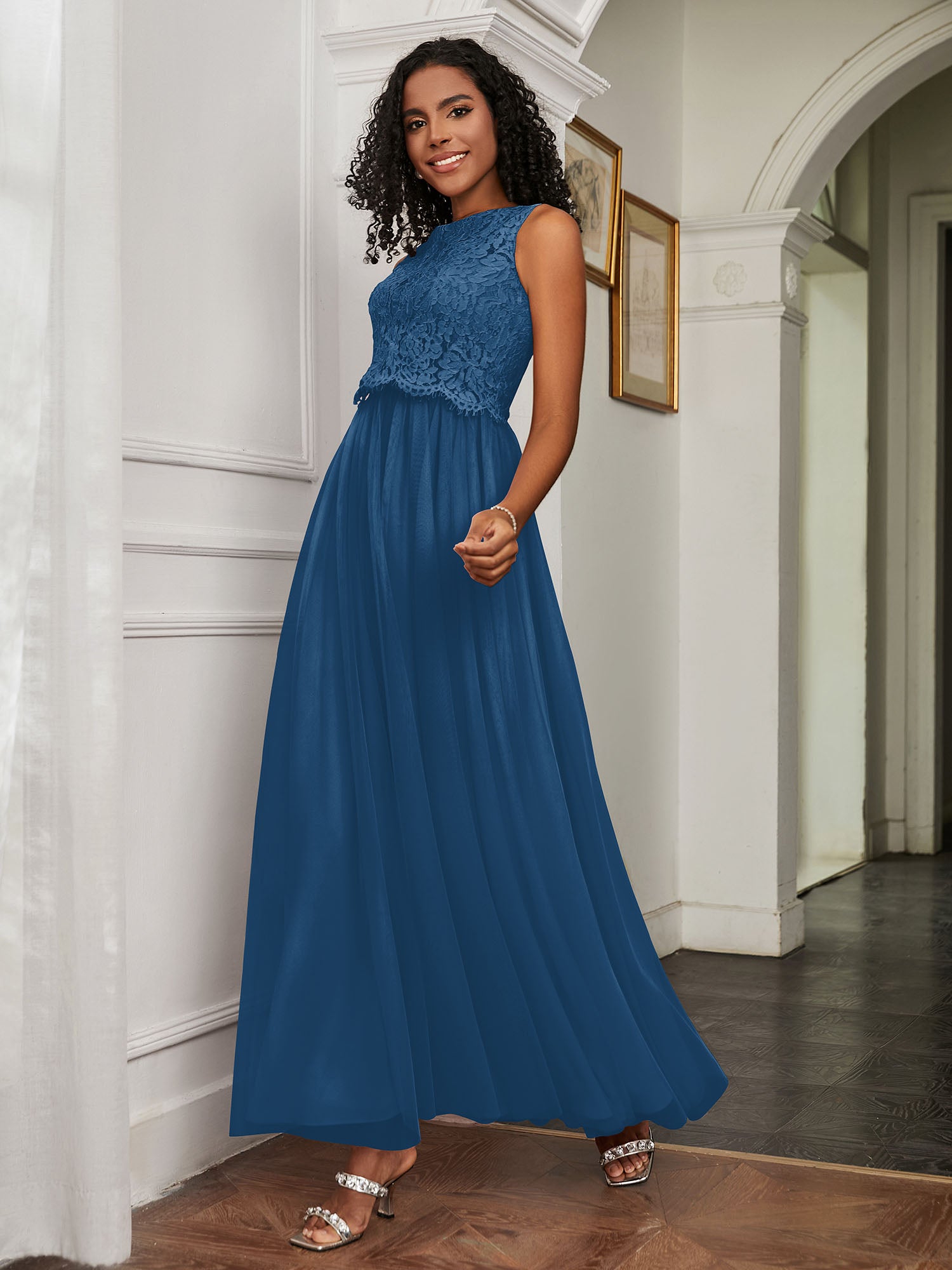 A-Line Jewel Neckline Tulle Dress Ink Blue